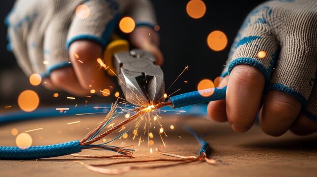 Hands in protective gloves cutting blue electrical wire with metal pliers creating bright sparks on wooden surface close up view of electrician work process repair and maintenance.