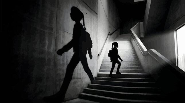 Silhouette of a student with a backpack walking up concrete stairs inside a moody brutalist building corridor