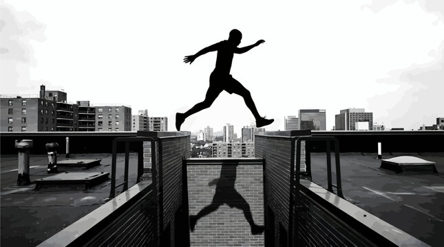 Dynamic silhouette of an athletic man jumping across a rooftop gap against a cloudy city skyline background