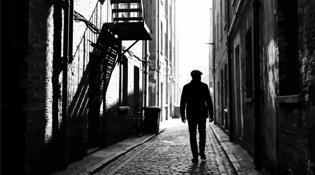 Silhouette of a lonely man walking down a narrow urban city alleyway dramatic monochrome architecture