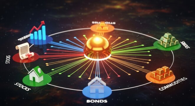 3d financial investment concept for diversified asset allocation acros