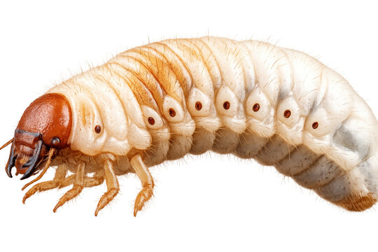 High angle macro shot of white grub larva isolated on transparent background, beetle life cycle asset