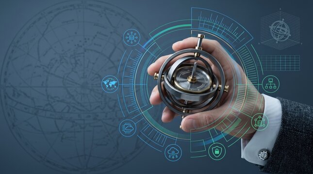 Hand holding gyroscope with global tech overlay, navigation systems, precision engineering, IoT connectivity, cloud computing, cybersecurity, AI integration