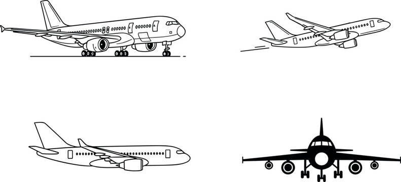 Commercial jet plane collection featuring landing taking off side profile and front view outline vector drawings on white background