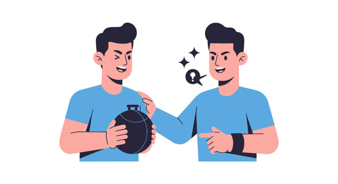 Two men, one holding a black spherical object, while the other points with a key and lock icon, symbolizing problem-solving or a secret.
