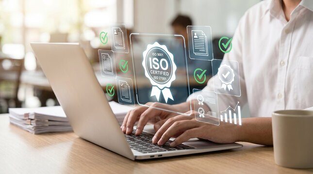 Businessperson working on laptop with iso certification compliance overlay
