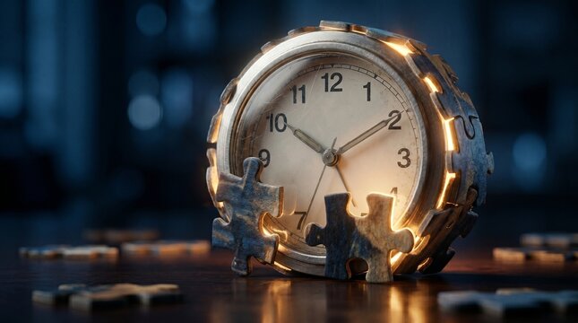 Alarm clock surrounded by puzzle pieces, lit by glowing internal light, symbolizing time management, problem solving and intricate project completion.