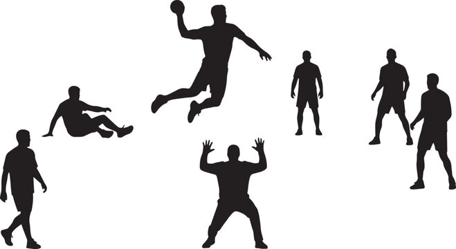 Players performing handball maneuvers are rendered as black silhouettes on a white backdrop, showcasing various game positions and offensive strategies in a clear and minimalist artistic composition.