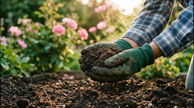 Hands in green gloves holding rich organic dark soil over garden bed in golden hour sunlight, closeup of gardener nurturing fertile earth for spring planting at sunset background.
