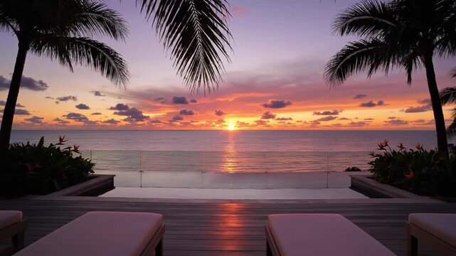 Luxury tropical resort terrace with sun loungers and palm trees overlooking the ocean during a vibrant sunset