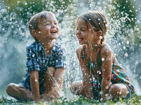 Kids play and laugh in water fountain during summer day in park as sunshine shines bright above them