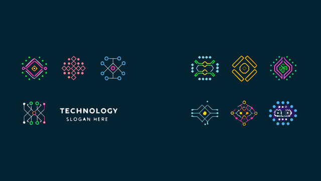 Geometric Line Logos On Dark Background Modern Technology Branding Elements