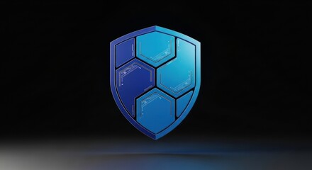 Fototapeta premium Digital security shield with blue holographic panels on black backgrou