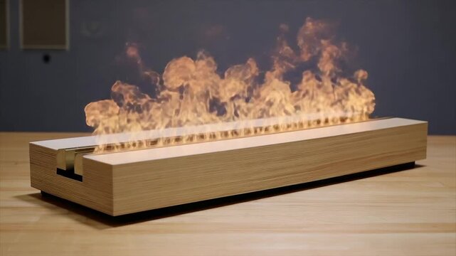 A rectangular, wooden, modern fireplace with flames emanating from a horizontal slot