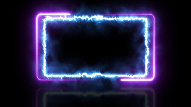 Electric Blue Plasma Energy Frame with Purple Neon Sign Corners Animation with Reflective Surface on Black Background 