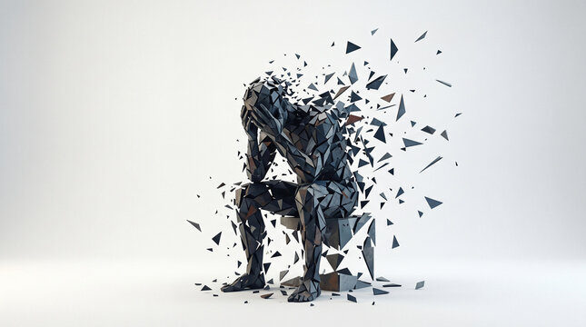 Conceptual 3D illustration of a man sitting in despair representing mental burnout
