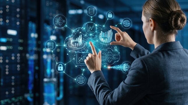 Businesswoman interacting with a futuristic holographic cloud computing interface displaying charts, graphs, and security icons, representing data analysis