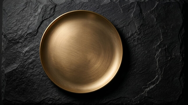 Top view of an empty round bronze plate on a dark slate background