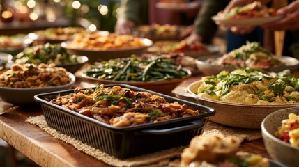 Fototapeta premium Homemade diverse dishes served on wooden table for community meal