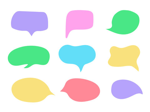 Colorful hand drawn speech bubble set. Message text box cloud collection. Doodle Child conversation dialog blank balloon. Chatting sticker element for design.
