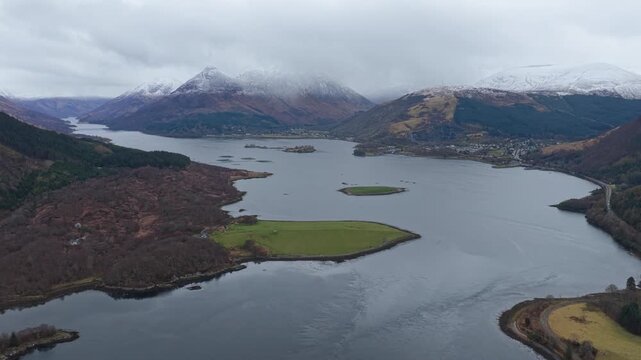 Majestic aerial view of loch leven near ballachulish, scotland