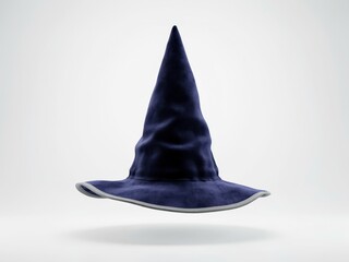 Fototapeta premium A dark blue velvet witch hat with a light grey brim edge, floating in the air against a plain white background, studio lighting