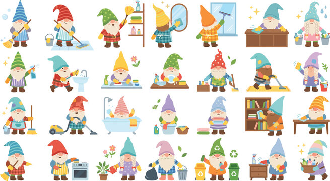 Cute Garden Gnome Character Collection Set with Cleaning Household Chores Daily Activities and Whimsical Cartoon Illustration Elements