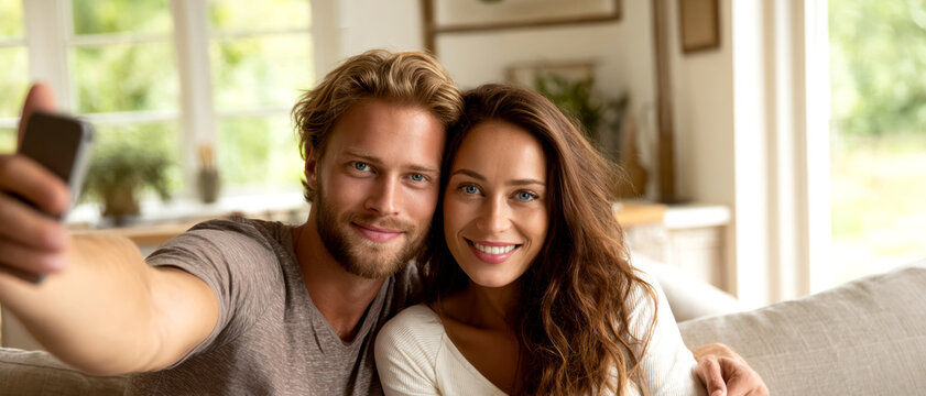 Happy Young Couple Taking Smartphone Selfie at Home .AI Generative