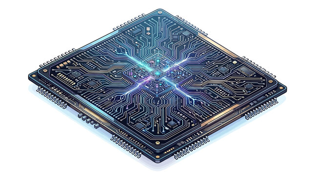 Advanced computer processor with glowing blue energy circuits