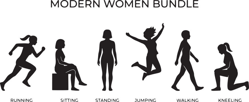 Women silhouettes illustrate a modern bundle of various body movements including running, sitting on a stool, standing, jumping with arms raised, walking forward, and kneeling on the floor.