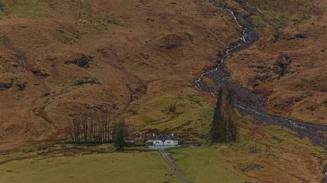 Scenic scottish highlands landscape with loch achtriochtan and glen coe valley