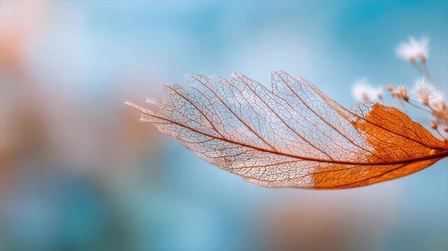 Macro shot of a delicate, transparent leaf, with intricate vein structure and blurry background