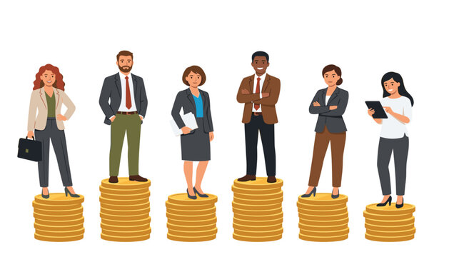 Corporate team salary level finance vector illustration set. Business people standing on gold coins stack and economic equality.