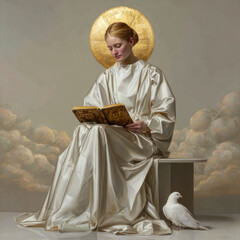Obraz premium Sacred Woman with Dove and Holy Book – AI Generative