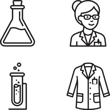 Science icons set. Lab equipment vector. Female scientist avatar. Laboratory coat icon. Chemistry glassware. Test tube with bubbles. Erlenmeyer flask icon. Modern minimalist line art. Research and edu