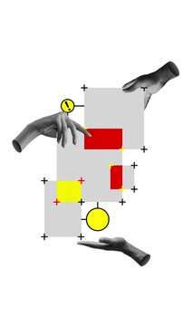 Grayscale hands arranging planning blocks in stop motion with question icons. Concept of project planning, workflow gaps, business analysis, decision making and problem solving.