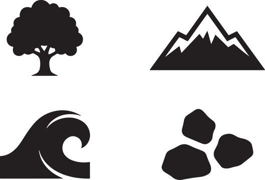 Nature icons display a stylized tree, a sharp mountain peak, a crashing ocean wave, and a cluster of rounded rocks in a clean monochrome set designed for environmental branding or web interface.