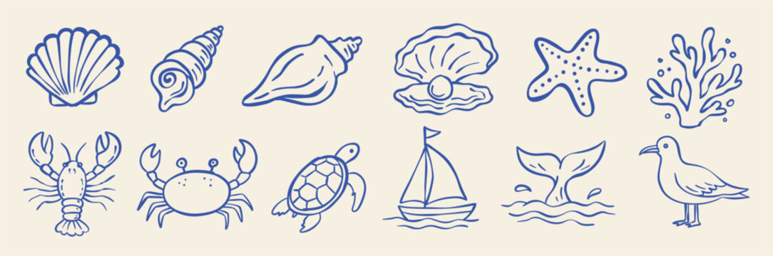 Hand drawn sea life doodle set with shells, starfish, coral, crab, turtle, sailboat, and seagull. Blue line art coastal illustrations for summer beach projects