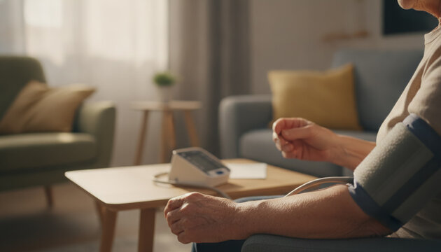 Senior person sits in a cozy living room measuring blood pressure with a digital monitor on the upper arm beside a wooden table with warm daylight, soft furnishings and home healthcare atmosphere