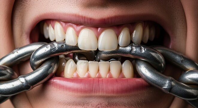 Chains Restraining Open Mouth Showing Teeth in Dark Moody Composition