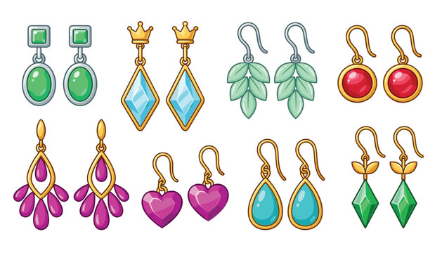 Fashion jewelry earrings collection vector illustration set. Gemstones, crystal diamonds, gold hoops, hearts, leaves and luxury luxury accessories.
