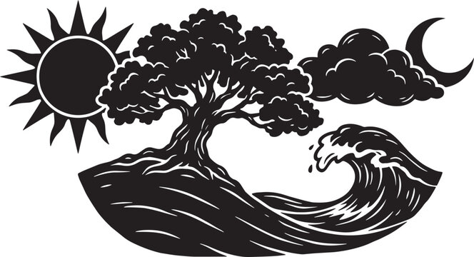 Nature elements featuring a sun, tree, clouds, moon, and ocean wave symbolize the cyclical rhythm of day and night within a harmonious and balanced environment for ecological design concepts.