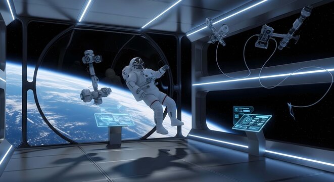 Astronaut floating inside a high tech space station module over earth