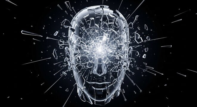 Abstract digital human head exploding into fragments, representing AI and technology breakdown or innovation