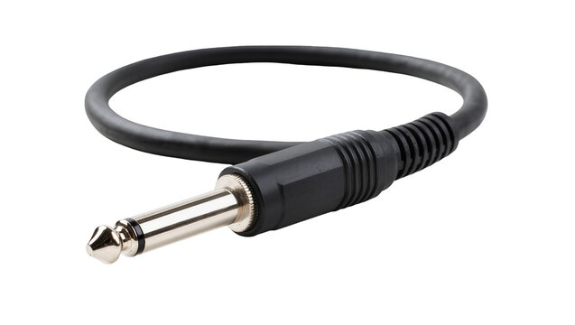 Isolated black coiled audio cable with a shiny metal jack connector for musical instruments