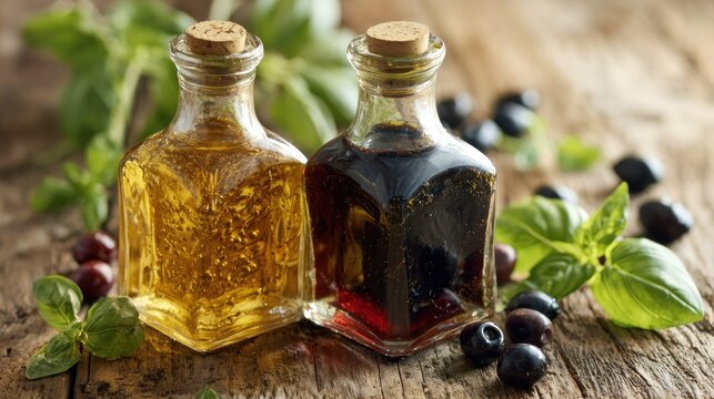 Two glass cruets filled with golden liquid and dark liquid sit on a rustic wooden surface with surrounding herbs and dark fruit.
