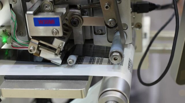 An industrial coding machine undergoing a commissioning test to print dates on packaging.