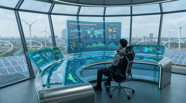 Management application interface for monitoring global renewable energy resources from a futuristic control center