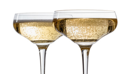 Isolated two elegant champagne coupe glasses with sparkling golden wine and rising bubbles. © Aoife