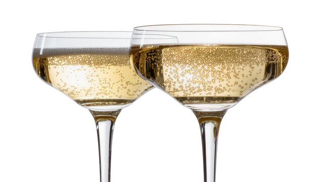Isolated two elegant champagne coupe glasses with sparkling golden wine and rising bubbles.